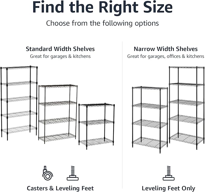 Amazon Basics 5-Shelf Adjustable, Heavy Duty Storage Shelving Unit on 4'' Wheel Casters, Metal Organizer Wire Rack, 30" L x 14" W x 64.75" H, Black