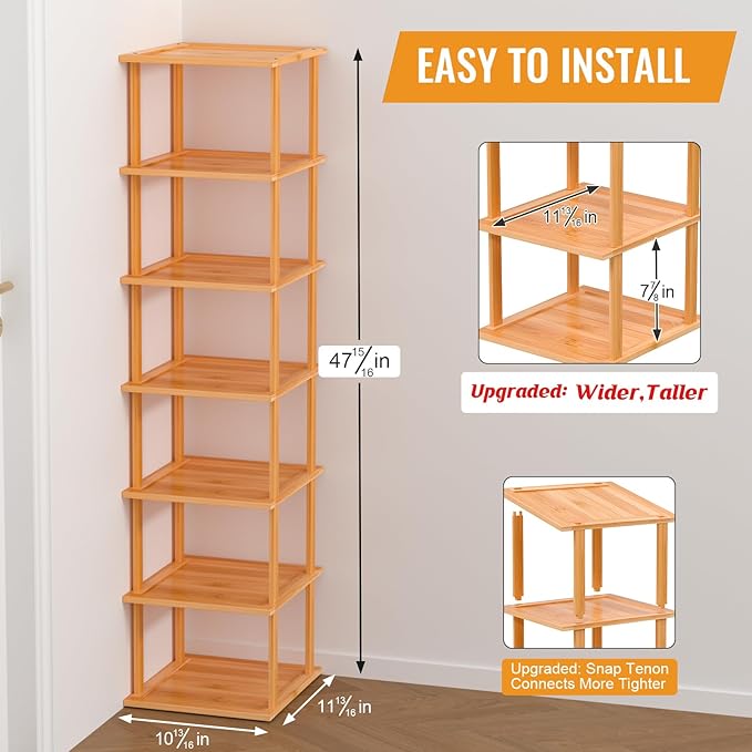 Bamboo Free Standing Shoe Rack Shelf Multi Tier Tall Wooden Stackable Shoes Rack Organizer for Closet Front Door Entrance Narrow Vertical Shoe Storage Rack for Corner Stand (Nature, 7 Tiers)