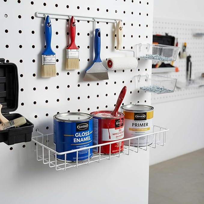 G.CORE Large Peg Board Baskets - 2 Pack Metal Shallow Tray Shelves for 1/4 Pegboards - Spray Bottle Holders Can Organizers for Garage Workbench Shop Hobby Craft Tool Organization (White)