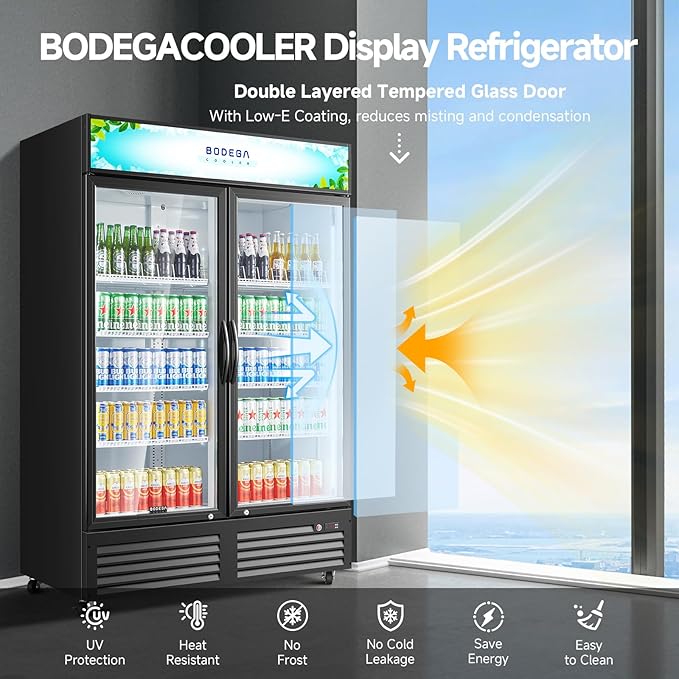 BODEGACOOLER Commercial Merchandiser Refrigerator, 2 Glass Door Commercial Beverage Refrigerator, 40 Cu. Ft Beverage Display Cooler with Soft LED Light, Adjustable Shelves and 4 Strong Castors(Black)