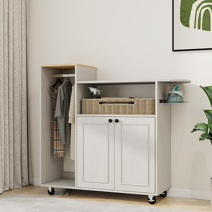Multipurpose Rolling Ironing Board with Storage Cabinet, Wooden Ironing Cabinet with Wheels, Ironing Table with Heat-Resistant Sponge