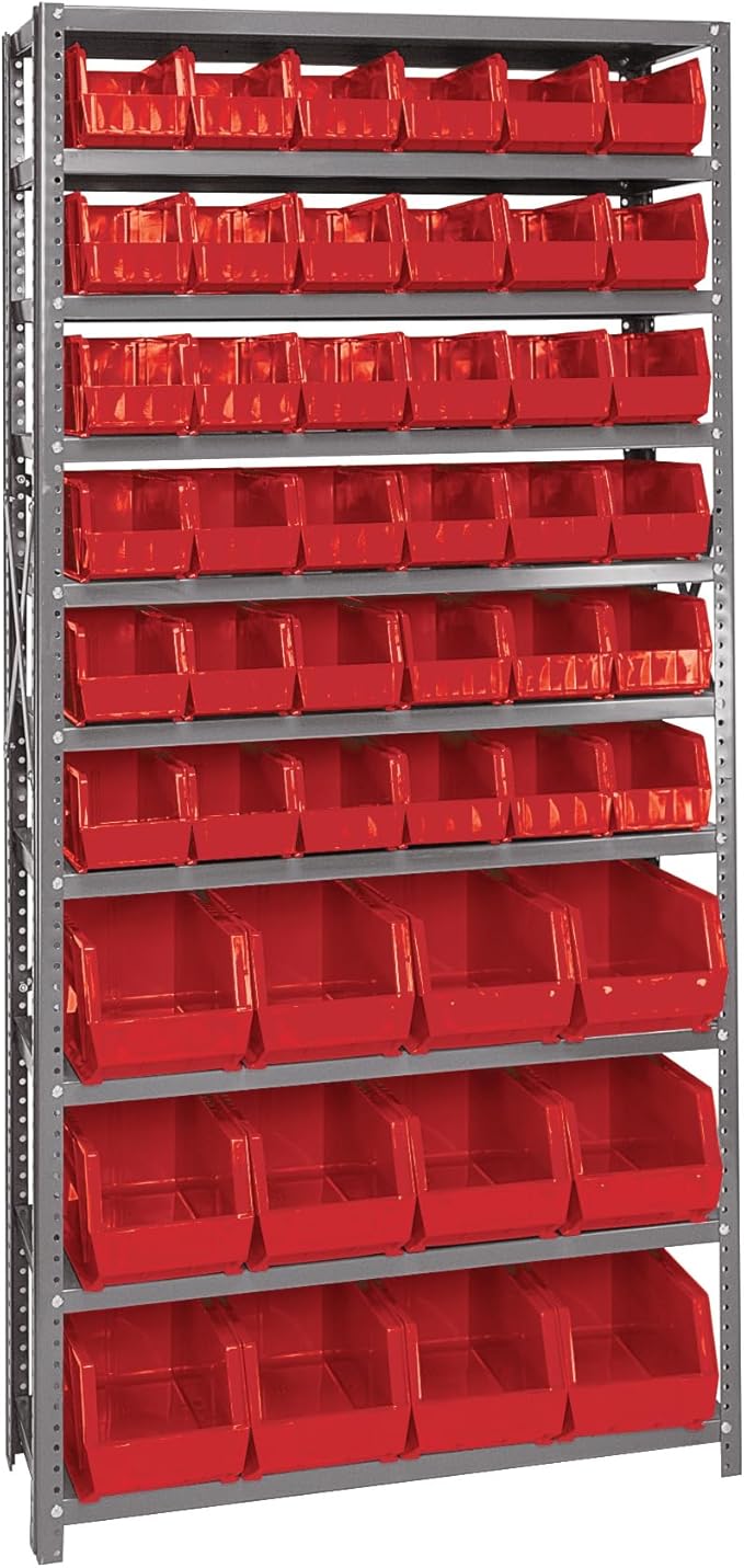 Quantum Storage Systems QSBU-230240RD Giant Open Hopper Steel Shelving System, 12" D x 36" W x 75" H, with 10 Shelves and 36 QUS230 and 12 QUS240 Bins, Red