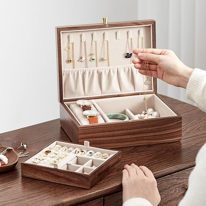 Black Walnut Wooden Jewelry Box for Women 2 Layer Jewelry Organizer with Removable Tray for Watches Rings Earrings Necklace Bracelets Birthday Christmas Gifts