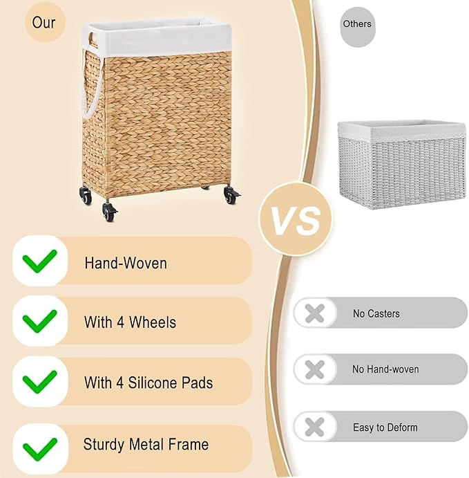 Rolling Laundry Hamper with Wheels, Slim Laundry Basket with Removable Liner Bag & 2 Mesh Bags, Handwoven Water Hyacinth Clothes Hamper for Bedroom Bathroom (Natural, 65L)