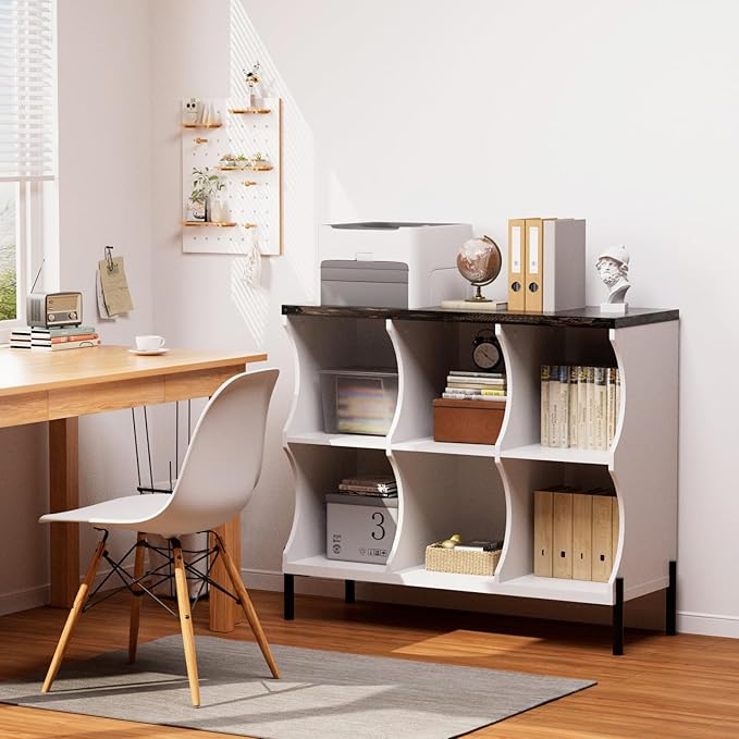 6 Cube Storage Shelf Organizer, Low Book Shelf Bookcase Entryway Table, Wood Closet Storage Display Cabinet TV Stand for Living Room, Office,Bedroom, Dorm, White with Dark Brown Top