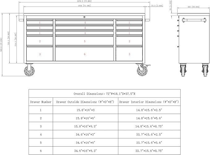 CT Copper Tailor 72-inch Tool Chest with Integrated Power Strip,15 Drawers and Wheels, Mobile Garage Workbench Storage Tool Cabinet, Large Rolling Tool Box with Wood Top, Stainless Steel