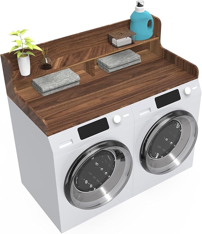 2-Tier Washer Dryer Countertop, Wood Laundry Countertop with Edge, 54" x 27.5" Top Cover for Laundry Machine, Washer and Dryer Wood Shelf Topper for Laundry Room Counter Storage Organization, Walnut