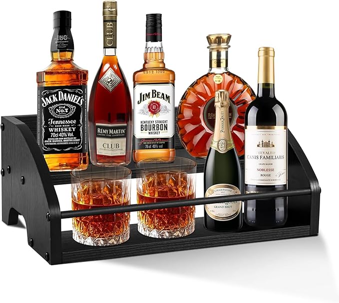 Liquor Bottle Display Shelf, Coffee Syrup Rack Organizer, 2 Step Countertop Wine Rack, Home Retro Bar Shelf Stand for Liquor Whiskey, Spirits, Kitchen Organizer for Seasonings, Spice & Tea (Black)