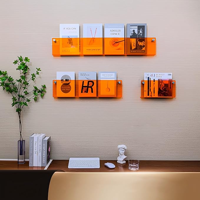 ROYALITA 2-Pack Acrylic Magazine Holder Brochure Holder, 24" Record Holder Magazine Rack, Fashion Hanging Bookshelf Literature Storage Rack for Waiting Room, Living Room, Office, Orange 24 Inch