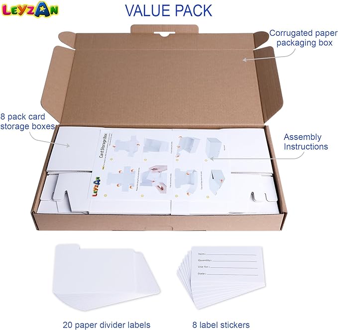 Toploader Storage Box, 8-Pack•100 Count Corrugated Cardboard Trading Card Top Loaders with Dividers & Labels for TCG/Magic/Mtg Organizer and Collection
