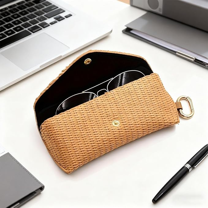 Glasses Case - Woven Straw Style Soft Box with Hook | Portable Eyewear Holder for Sunglasses, Reading Glasses, Contact Lens Accessories, Purse, Car, Desk, Nightstand, Drawer, Travel