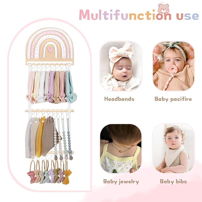 POVETIRE Headband Holder Bow Holder for Girls Hair Bows, Rainbow Hair Accessories Organizer Storage Wall Hanging Display for Baby Girl Nursery