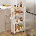 Utility Slim Storage Cart 4 Tier Small Rolling Kitchen Laundry Room Organization Cart with Wood Top Metal Narrow Bathroom Cart Cabinet Narrow Storage Cabinet Trolley with Handle for Small Space