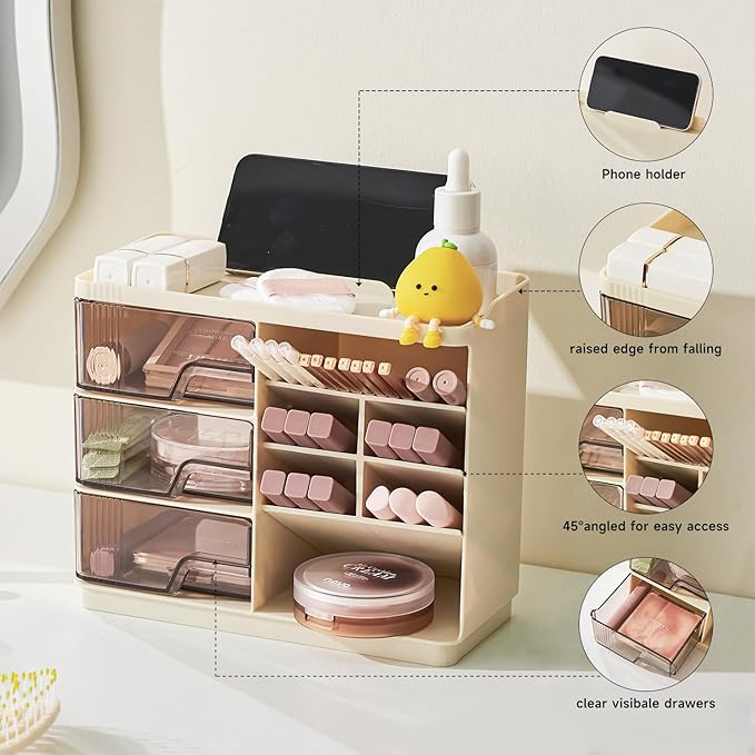 Makeup Organizer Countertop with 3 Drawers, Multi-Function Desktop Vanity Organizer for Skincare Makeup Brush Lipstick, Bathroom Counter Organizer, Cream White