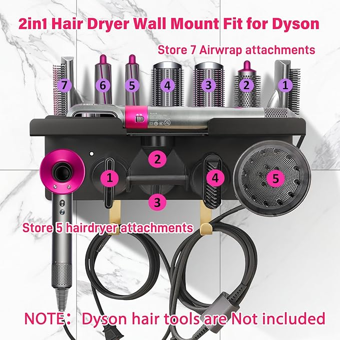 Wall Mount Hair Holder Compatible With Dyson Airwrap and Hair Dryer, Upgraded 2-in-1 Magnetic Dryer Holder Fit for Accessories Nozzles Barrels Brushes