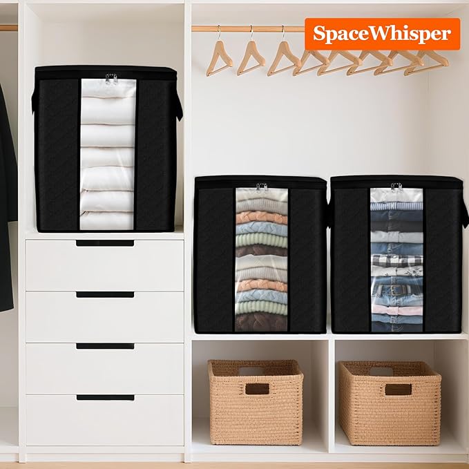 SpaceWhisper 6 Pack 100L Clothes Storage, Foldable Thick Fabric Blanket Storage Bags, Containers for Organizing Bedroom, Closet, Clothing, Comforter,Closet Organization with Handle,Black