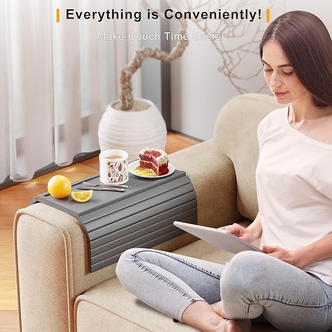 Sofa Armrest Tray Table for Couch - 2-in-1 Foldable Couch Arm Table with Be Slide Detachable Tray - Anti-Slip Sofa Armchair Caddy for Drinks Cup Cellphone TV Remote Snacks (Gray)