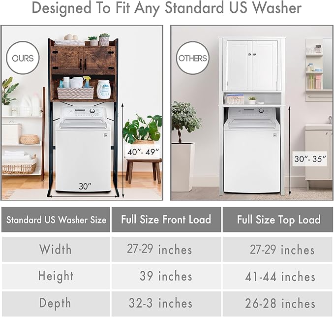 Over The Washer or Over The Toilet Storage Cabinet w/Height Adjustable Shelf Laundry Room/Bathroom Organizer Rack, 2-Door Freestanding Rack Space Saver, Wood