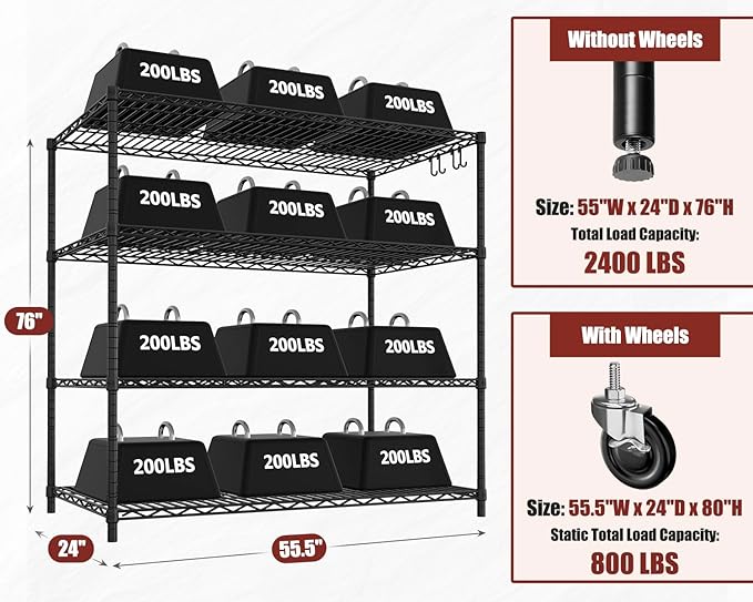 PrimeZone 2 Packs 55.5" W x 24" D x 80" H Heavy Duty Wire Storage Shelves with Wheels, 4 Tier Adjustable NSF Certified Garage Shelving Unit, Rolling Metal Organizer Shelf Rack for Warehouse, Pantry