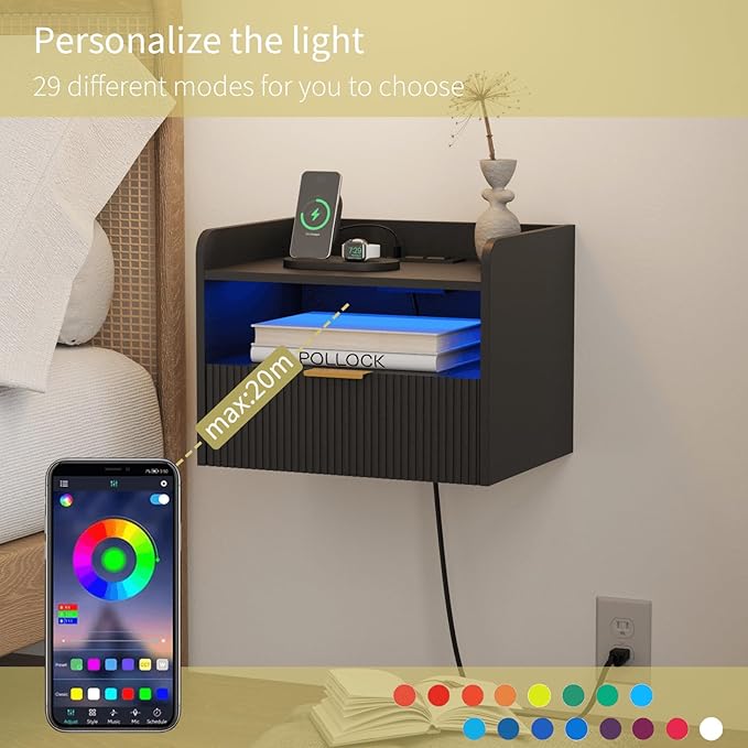 White Floating Nightstand with Charging Station and LED Lights (Black)