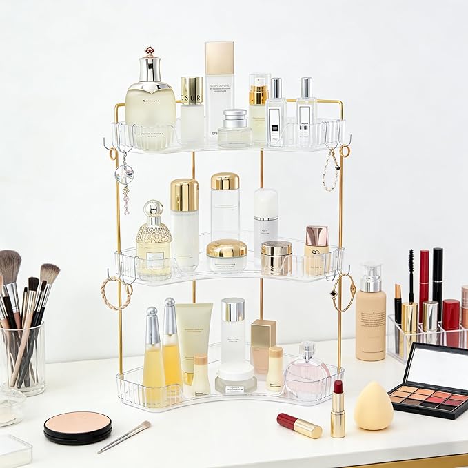 3 Tier Plastic Bathroom Sink Organizer with Hooks, Corner Bathroom Counter Organizer Makeup Storage Vanity Tray for Countertop (White Gold)