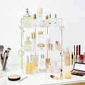 3 Tier Plastic Bathroom Sink Organizer with Hooks, Corner Bathroom Counter Organizer Makeup Storage Vanity Tray for Countertop (White Gold)