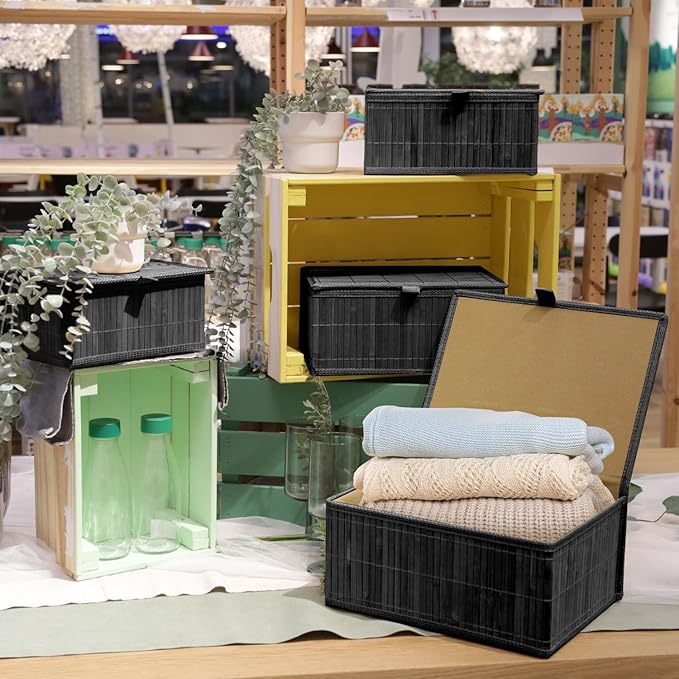 Wicker Basket With Lid Bamboo Storage Box for Shelf Bamboo Decor Storage Boxes With Lids-Rectangle Decorative Basket With Lid Organizer for Bedroom,Living Room (Set of 4,black)