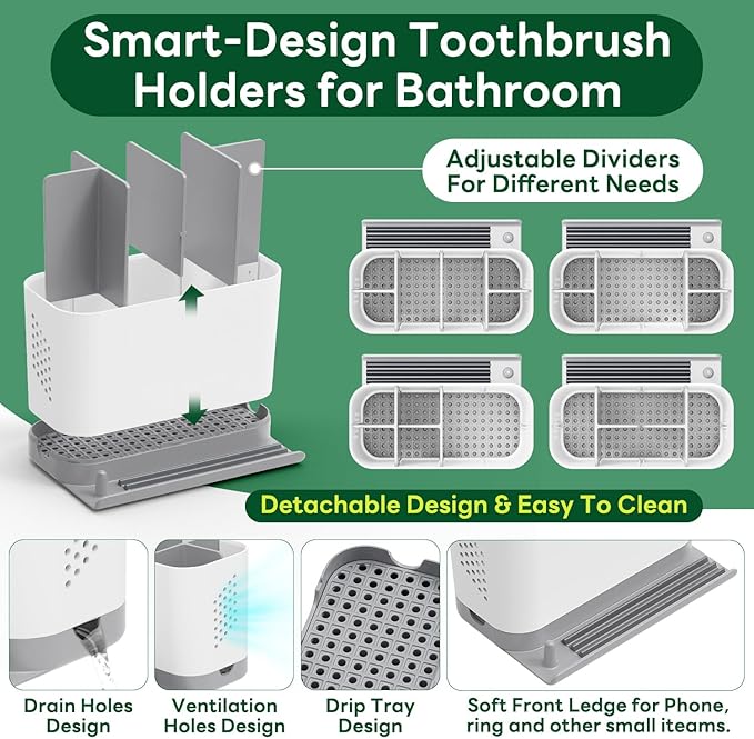 Toothbrush Holders for Bathrooms, Adjustable 6 Slots Electric Toothbrush and Toothpaste Holder, Cord-Friendly Detachable Bathroom Countertop Organizer with Front Ledge for Phone and Ring Holder