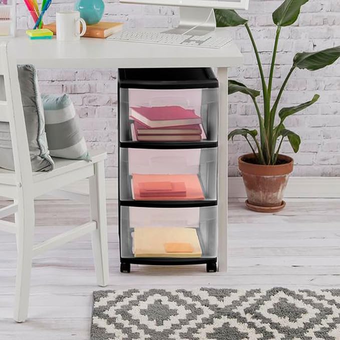Sterilite 8 Pack Plastic Storage Organizer, 3 Drawer Rolling Bin Cart, Closet Organization, Black
