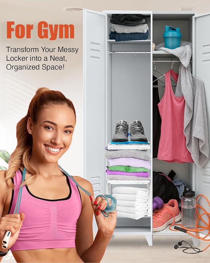 Locker Organizer Shelf， Adjustable Width and Height, Ideal Locker for School, Office, and Gym Lockers… (White 2 Pack New Version)