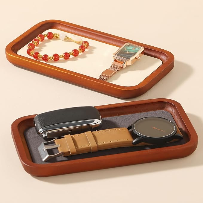 Wooden Jewelry Display Tray Rounded Rectangle Ring Showcase Stackable Elegant Bracelet Watch Jewelry Organizer for Personal Use and Commerce (Gray, Medium-W 3.9'' x H 0.6'' x L 7'')