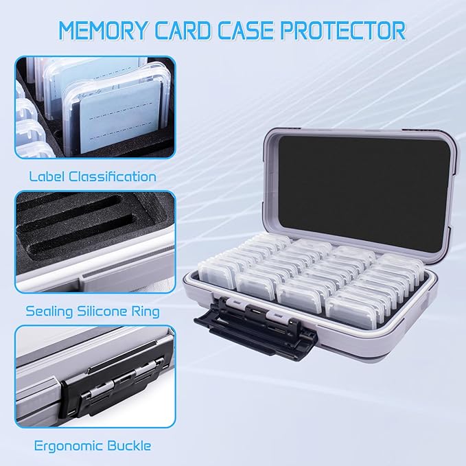 36-Slot Gray Memory Card Case with 36 Transparent Holders & 40 Writable Labels – SD Card Organizer & Storage Case for Camera Memory Cards