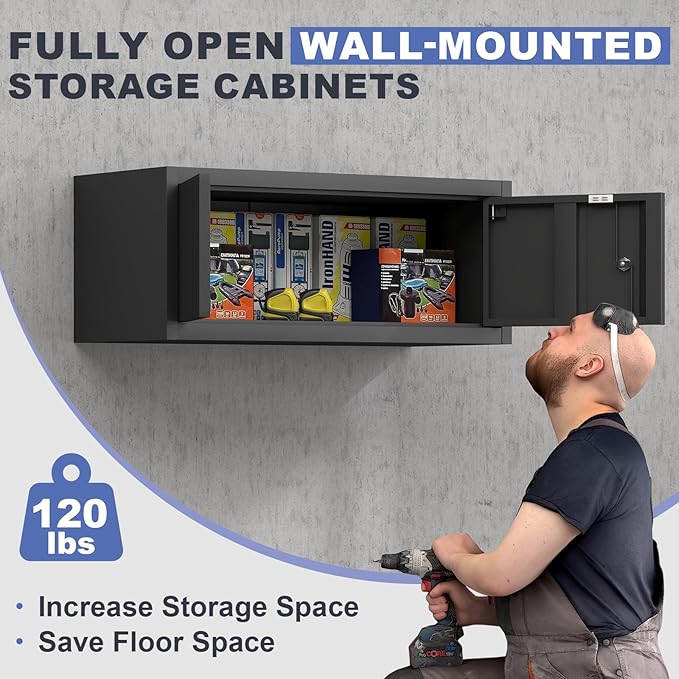 Garage Locking Cabinet, 13” H Garage Storage Cabinet Wall Mounted, Floating Storage Organization for RV, Hanging Tool Storage Cabinets for School, Office, Warehouse, Black