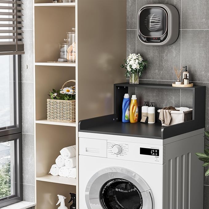 Washer Dryer Countertop with Shelf, 27.5" D x 27.5" W x 12.6" H, Sturdy Wood Frame, Countertop for Washer and Dryer, Non-Slip Pads & Edge Rails, Laundry Room Storage(Black)