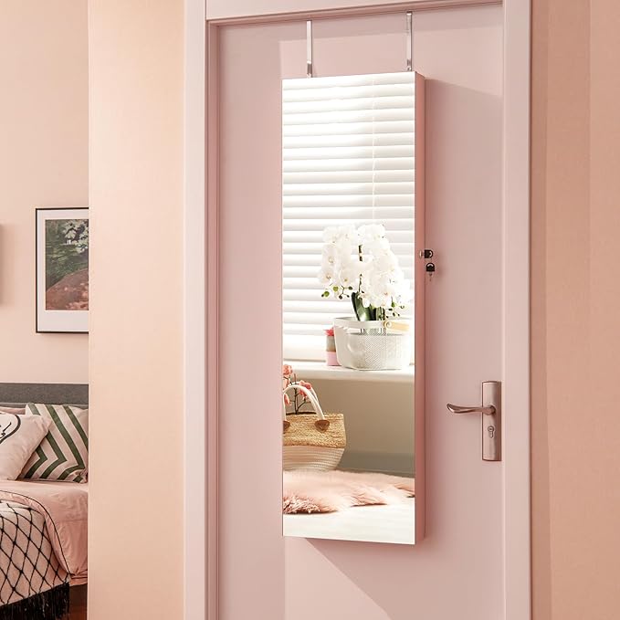 Giantex Wall Door Mounted Jewelry Armoire Cabinet with 47.5" Full Length Mirror, 2 LEDs Lockable Jewelry Organizers and Storage, Over the Door Jewelry Organizer Cabinet with 2 Drawers (Light Pink)