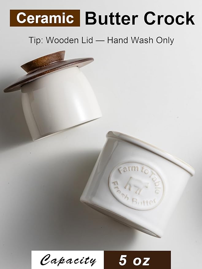 Ceramic Butter Dish With Lid, Butter Crock for Countertop, French Butter Keeper Holder for Spreadable Butter, Cream White