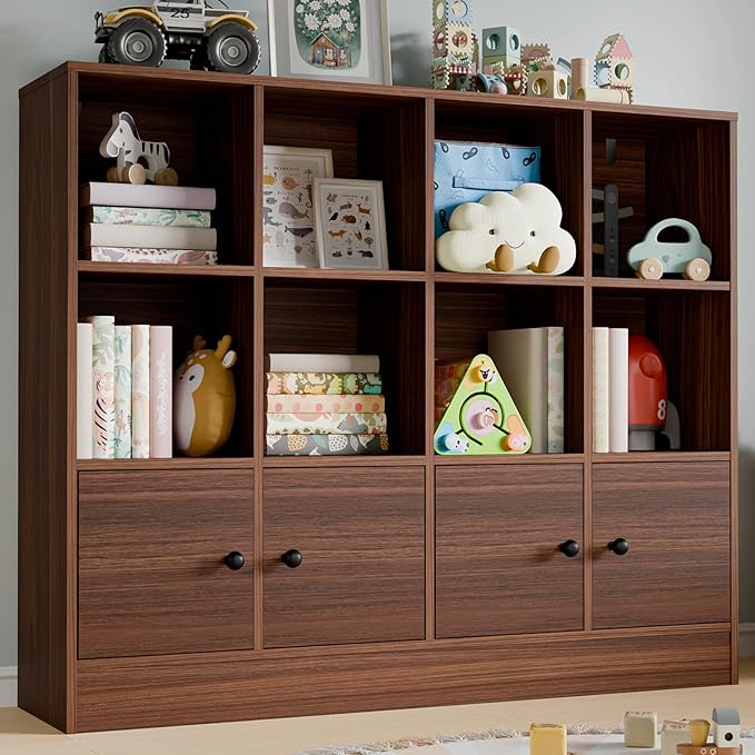 Cozy Castle Brown Wood Bookcase,12 Cube Storage Organizer Bookshelf with 4 Doors,3 Tier Storage Cabinet with Adjustable Shelves for Bedroom, Living Room, Office