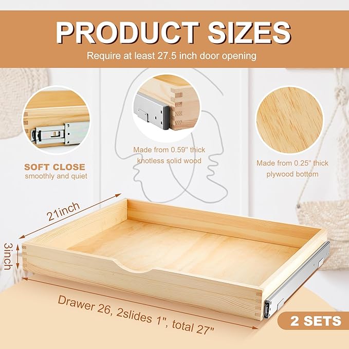 Menkxi 2 Set Pull out Tray Cabinet Organizer Wooden Pull Drawers storage Slide out Pantry Shelf for Base Cabinet Kitchen Gentle Close Fully Assembled Accessories(Wood Color,27'' X 21'' X 3")