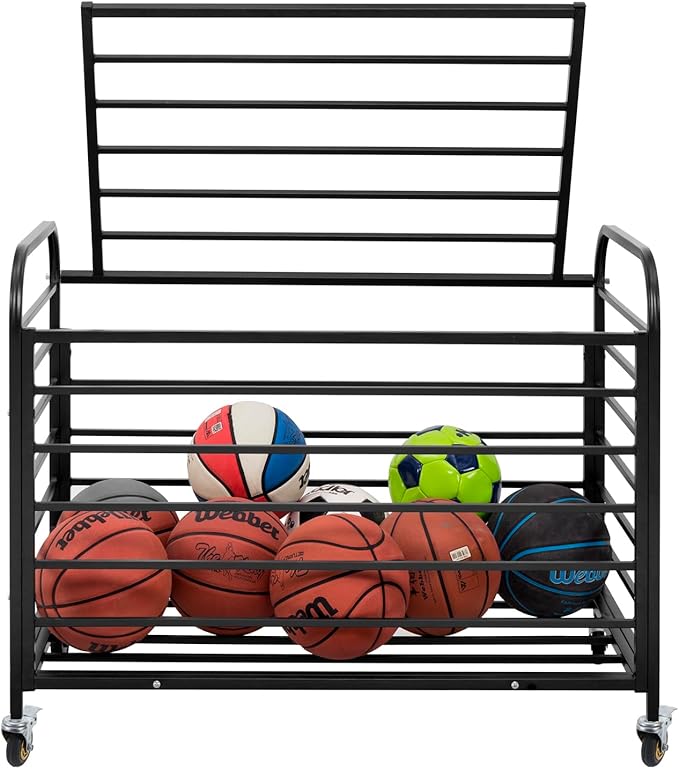 MyGift Professional Black Metal Rolling Sports Ball Storage Cart with Lid