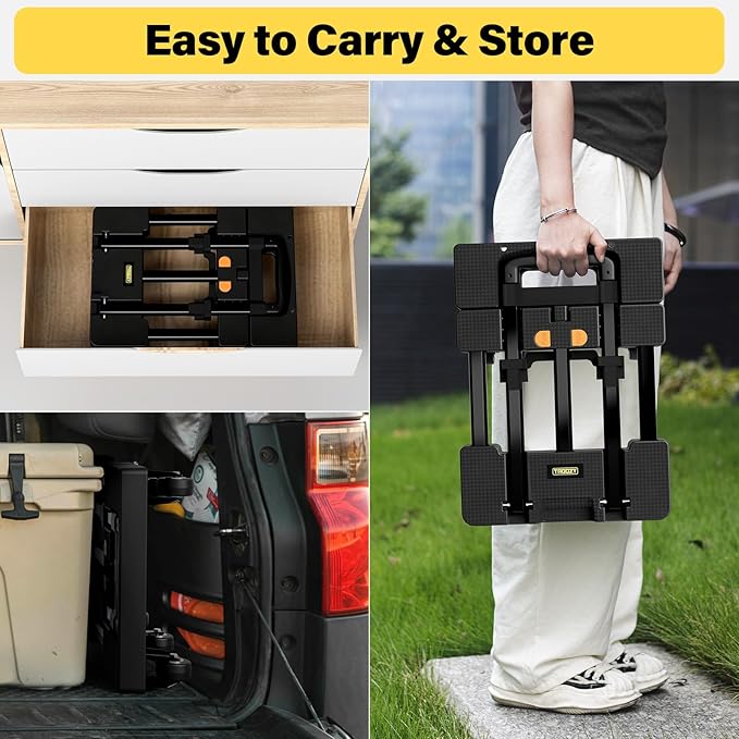 Folding Hand Truck 500 LB, Portable Heavy Duty Dolly Cart with 4 Wheels (2 with Brake) & Extendable 26" Plate, Collapsible Luggage Trolley with 2 Elastic Straps for Travel, Moving, Camping