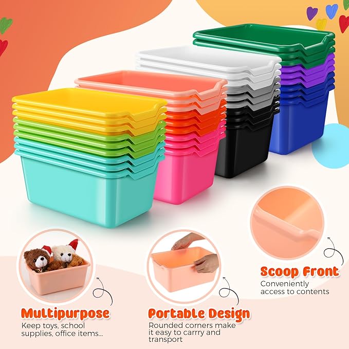 Dandat 72 Pcs Book Bins for Classroom Plastic Cubby Bins Bulk Classroom Storage Baskets Stackable Assorted Colors Toy Storage Containers for Library Home Office School Nursery Playroom