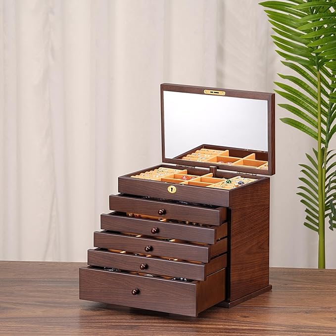Vintage Rustic Wooden Jewelry Organizer boxes with 5 Drawers & Lock | Large Storage Box for Necklaces, Rings, Earrings | Handcrafted Gift for Women