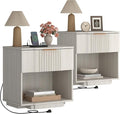 Yechen Fluted Night Stand Set 2 with 20W Fast Charging Station - Large Wood Nightstands with Storage Drawer & Shelf, Modern Wide Bedside End Tables for Bedroom with Curved Profile Base, White Oak