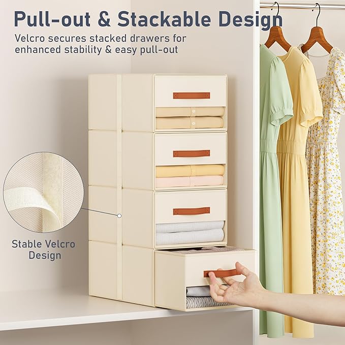 DIMJ Closet Organizers and Storage - Fabric Bins with Drawers for Closet Foldable Clothes Organizers with Clear Window, Stackable Storage Drawers Units for Bedroom, Living Room, Medium 6-Pack, Black