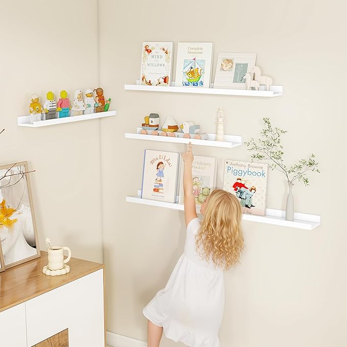 Fun Memories Picture Ledge Shelf, White Floating Shelves Set of 4, 36 Inch Picture Shelves for Wall with Ledge, Large Nursery Book Shelf for Toys Storage, Living Room, Bedroom Decor Frames