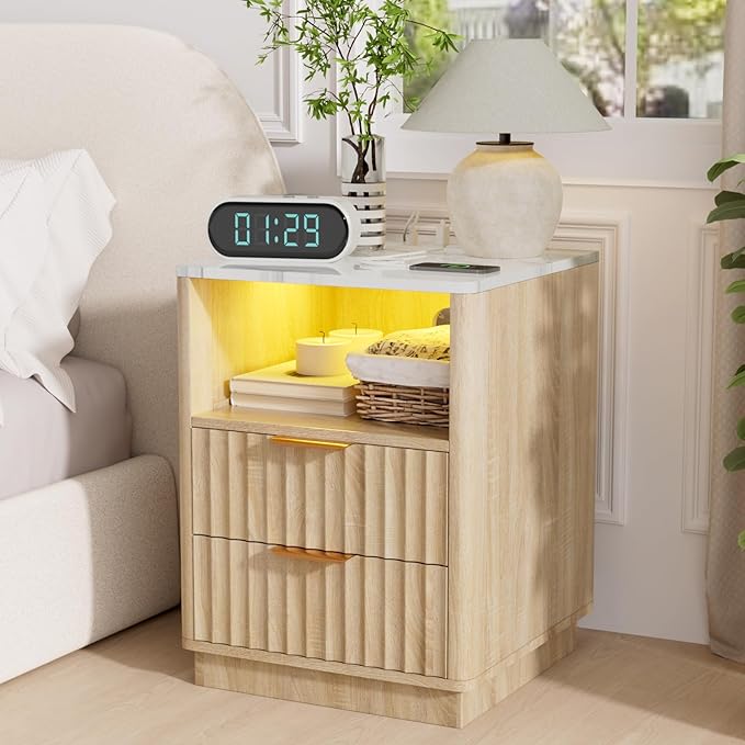 VOWNER Fluted Nightstand with Charging Station, 18” Night Stand with 2 Drawers, Faux Marble Top End Table with Storage Shelf, Curved Profile Side Table, Bedside Table for Bedroom Living Room, Oak
