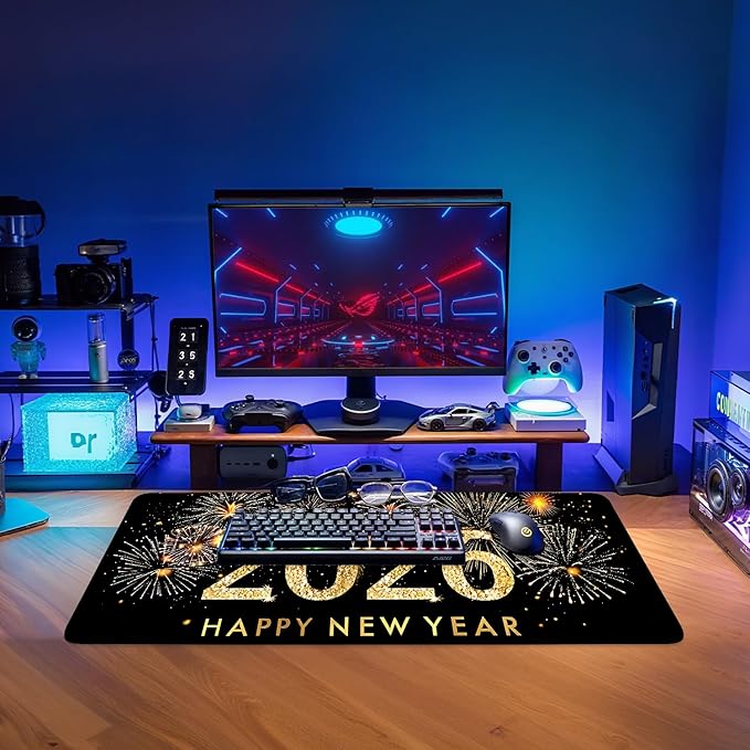2026 Happy New Year Gaming Mouse Pad 31.5"x11.8"Desk Mat Anti-Slip Rubber Base & Durable Stitched Edges for Gamers Smooth Mouse Writing Surface for Desk Office/Home