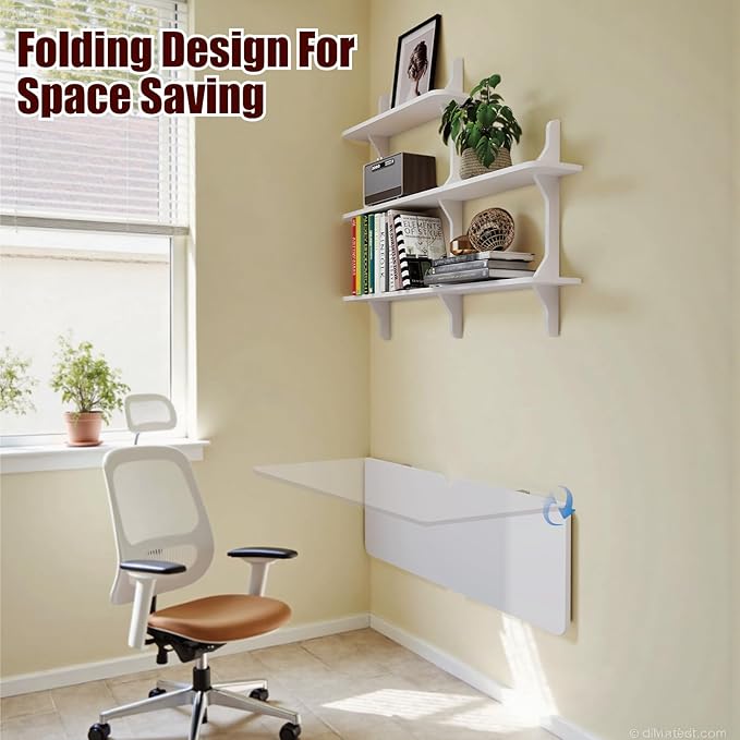 Pmnianhua Wall Mounted Folding Table, 47'' Floating Laptop Desk with Shelves, Foldable Drop Leaf Table, Wall Mount Fold Down Table for Laundry Room Kitchen Bar Home Office Small Space(White)