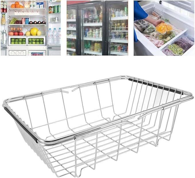Tyenaza Freezer Organizer Bin Stainless Steel Expandable 20KG Load Bearing Freezer Storage Basket Flat Bottom