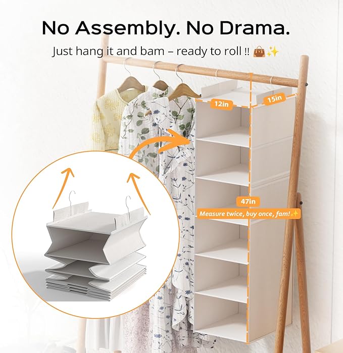 Extra Deep Hanging Closet Organizer with Shelves and Oversized Mesh Pockets, Heavy-Duty Structure, No Deformation, Max Storage for Clothes, Shoes, Hats, Dorms and RVs,1-Pack (White, 6 Tier)